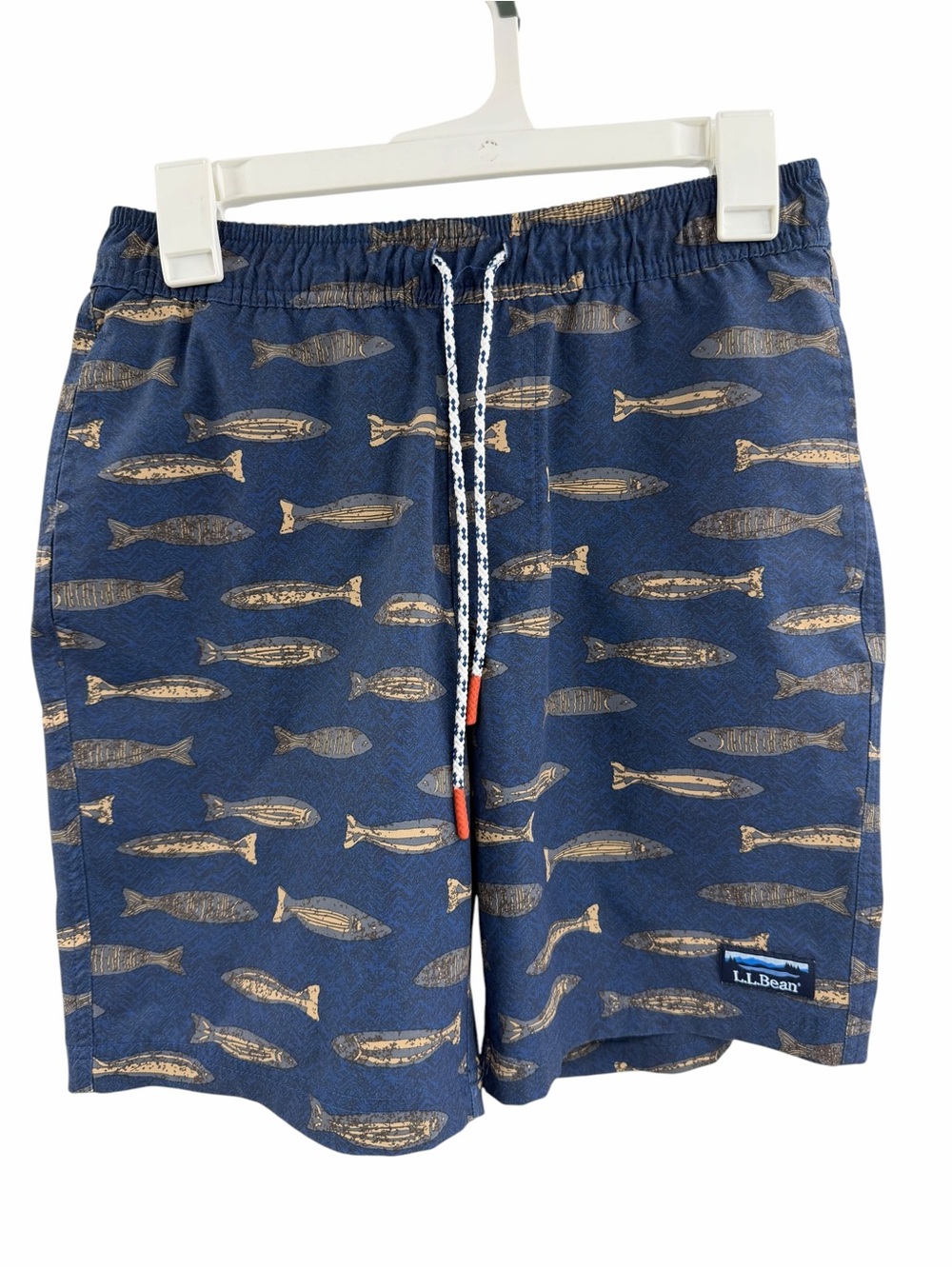 L.L.Bean Men’s Swim Trunks Size Small‎ Navy Blue Fish Print Lined